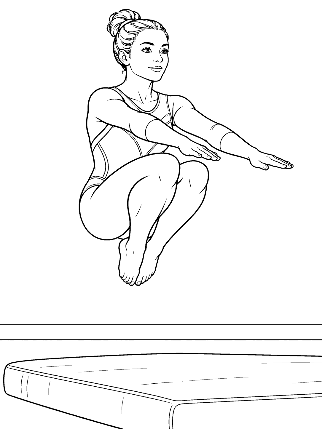 Black-outline illustration of a gymnast in a tucked jump above a thick floor mat.