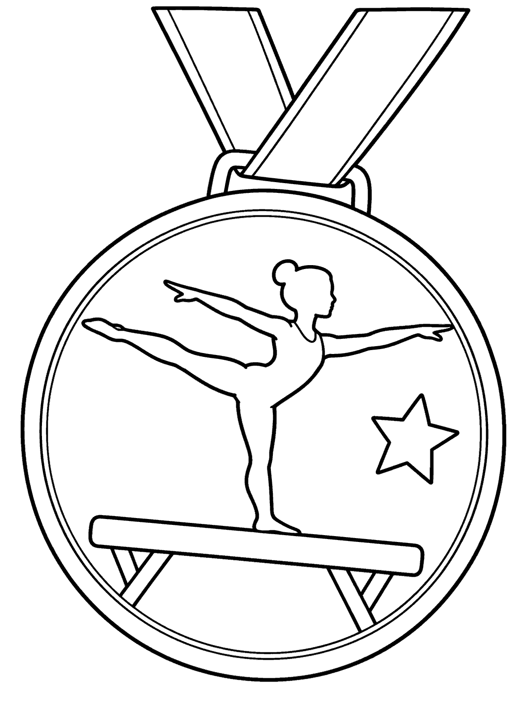 Round gymnastics medal with a gymnast balancing on a beam, a hanging ribbon, and a star