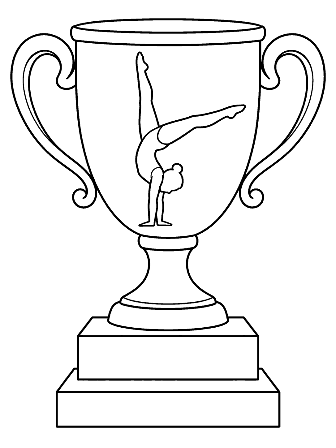 Black-outline gymnastics trophy with curled handles, a gymnast in a handstand pose on the cup, and a two-tier rectangular base.