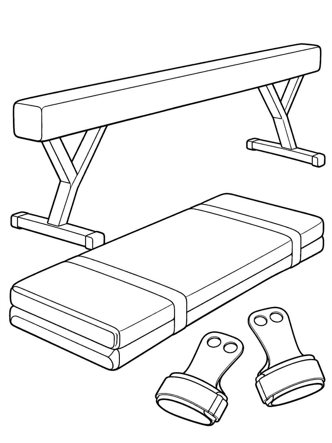 A low balance beam, folded landing mat, and two hand grips in a clean black-outline coloring page.