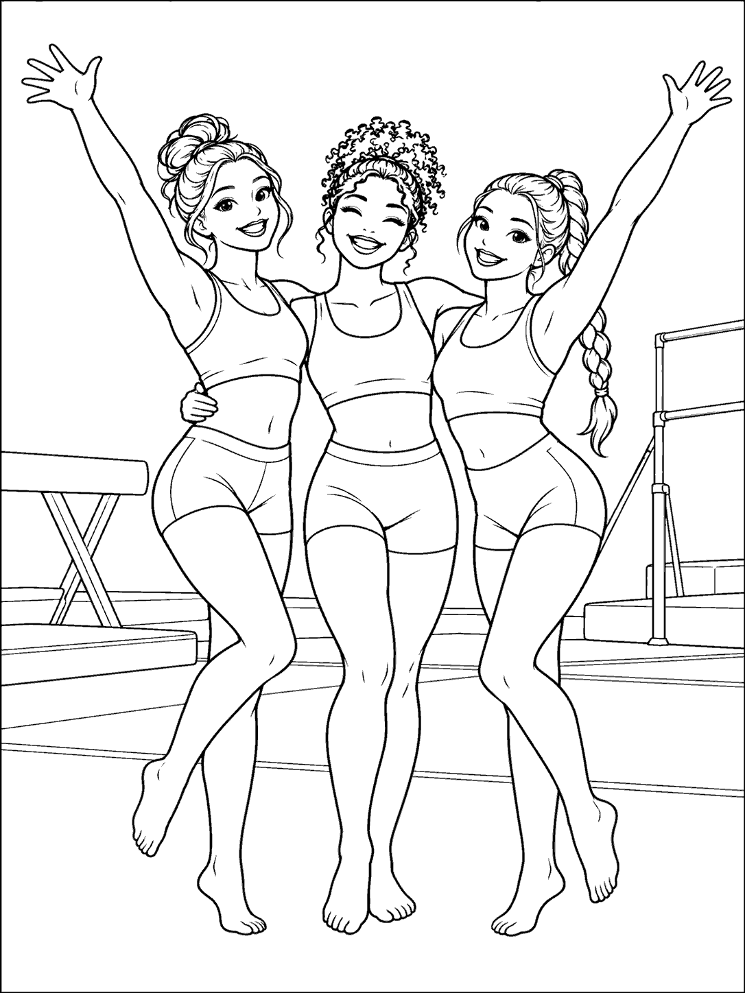 Three adult gymnasts celebrating after practice