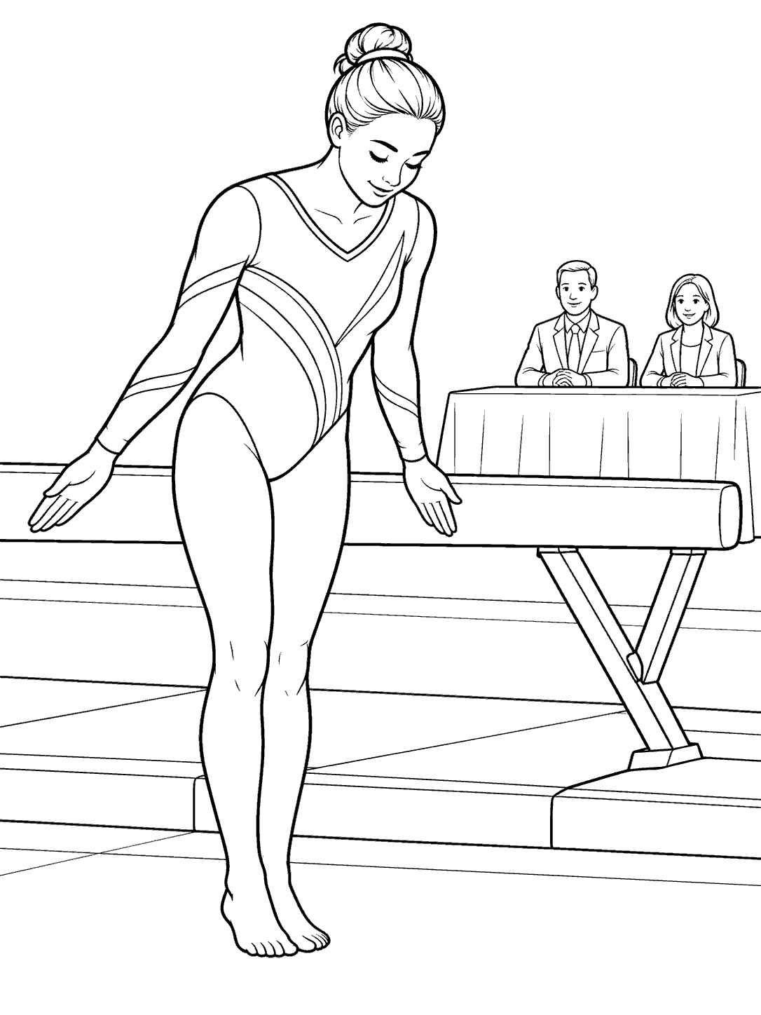 Adult gymnast bowing beside a balance beam with two seated judges in the background
