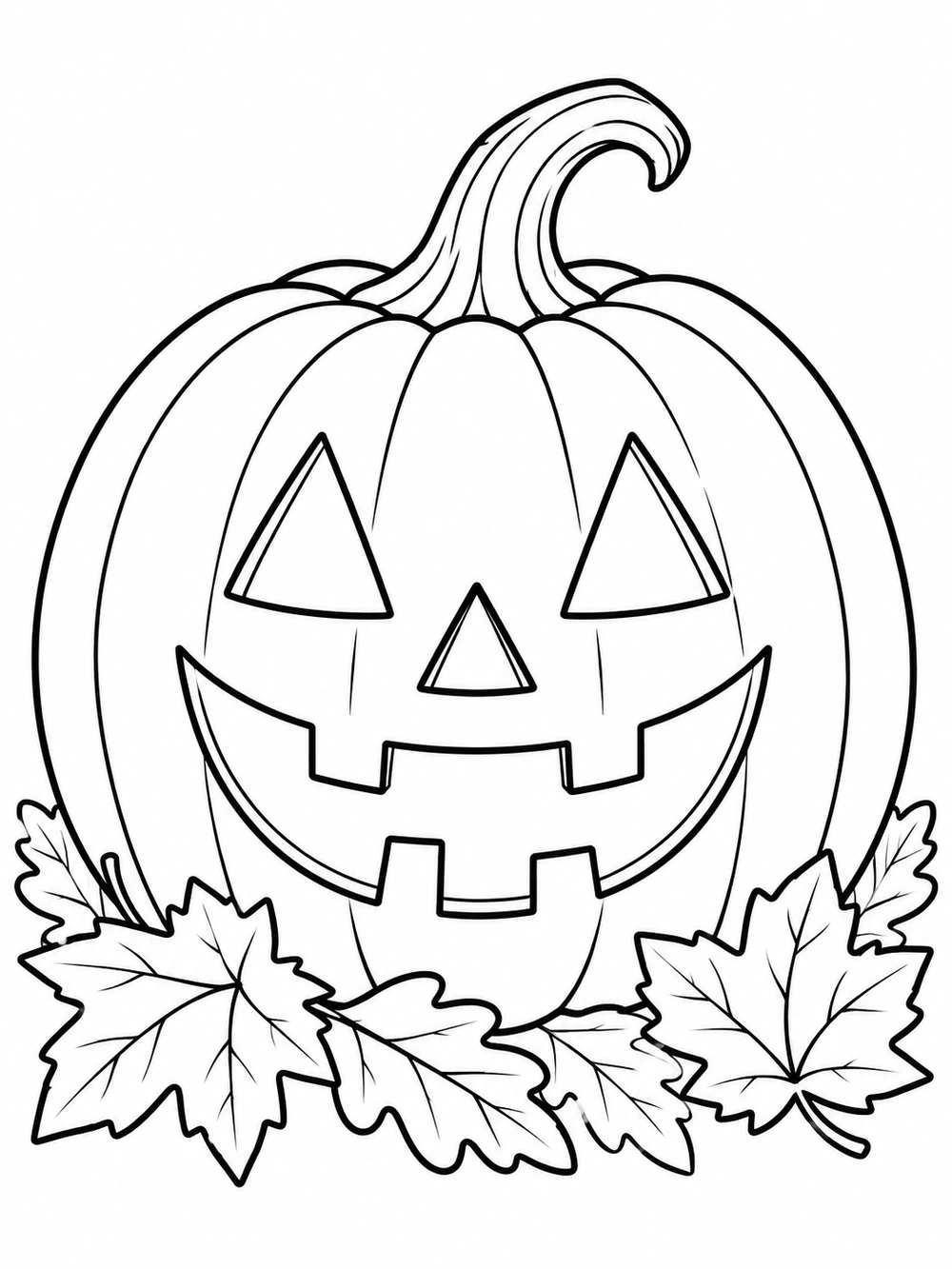 Large smiling jack-o’-lantern with triangular eyes, a toothy grin, and fallen leaves at its base