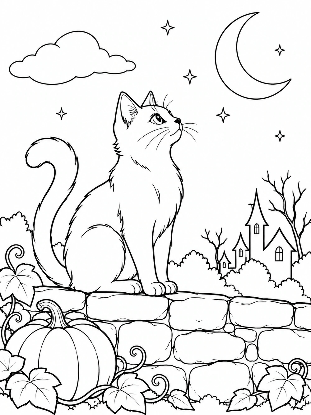 Line-art Halloween scene with a cat on a stone wall gazing at a crescent moon, surrounded by stars, pumpkins, and a distant house.