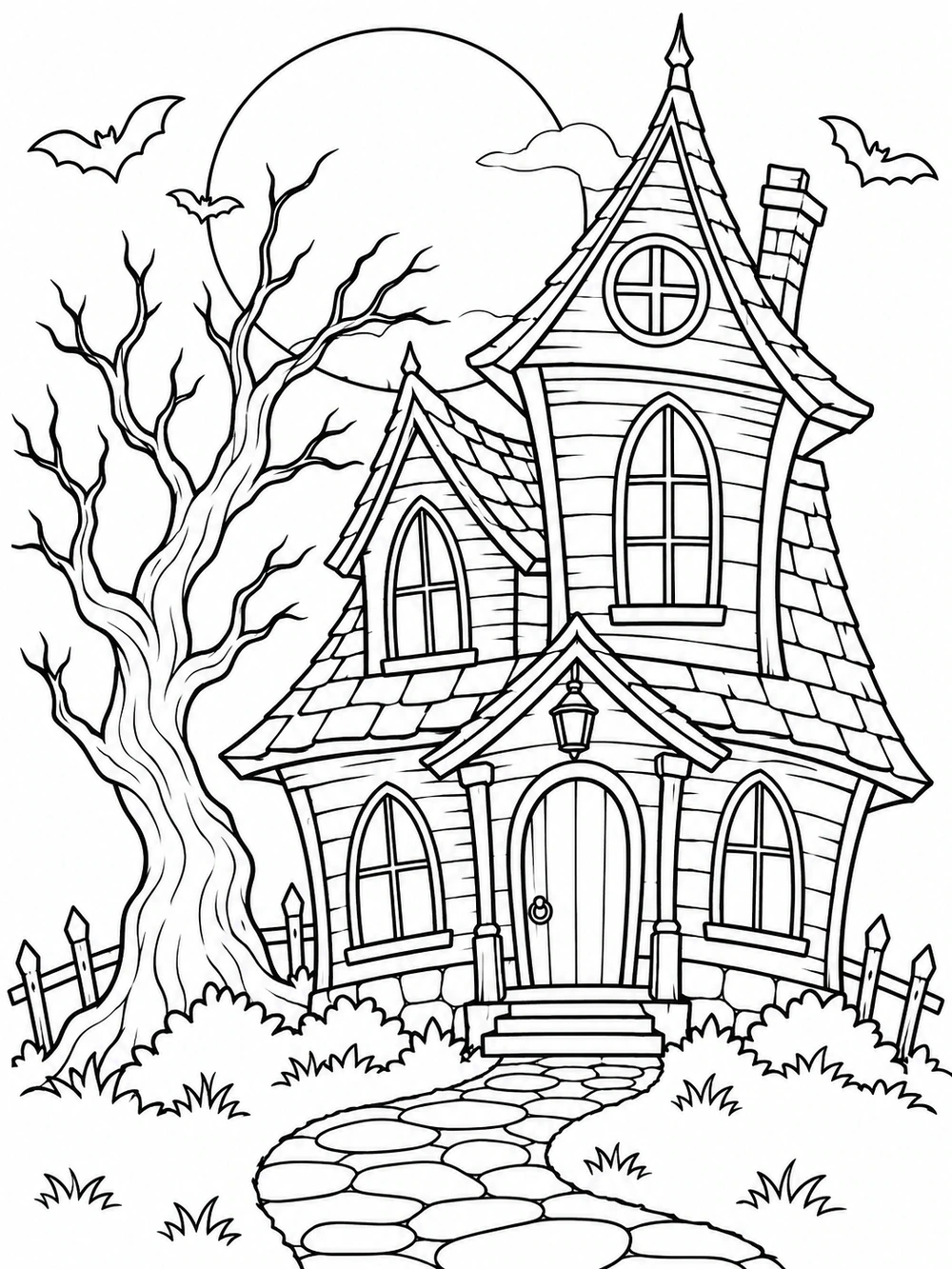 Black-and-white coloring page showing a crooked two-story haunted house with a round attic window, bare tree, moon, and three bats.