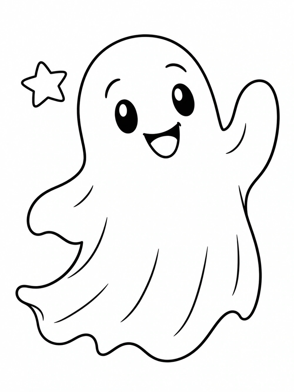 A smiling, rounded ghost waves beside a small outlined star on a white background.