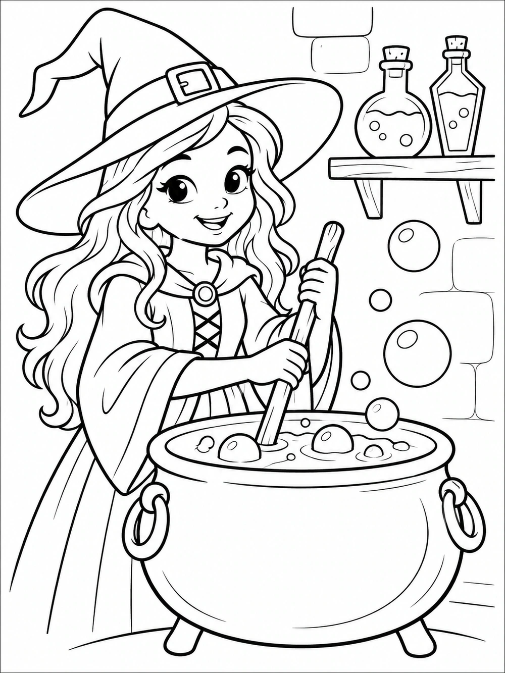 A smiling witch in a pointed hat stirs a round cauldron with a wooden spoon, with potion bottles and large bubbles nearby.