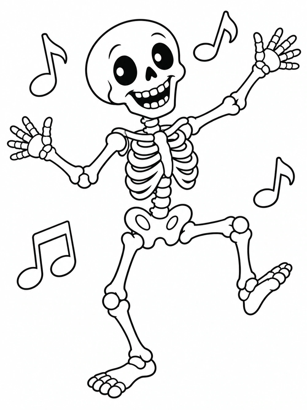 Cheerful outlined skeleton dancing with one leg raised among four musical notes
