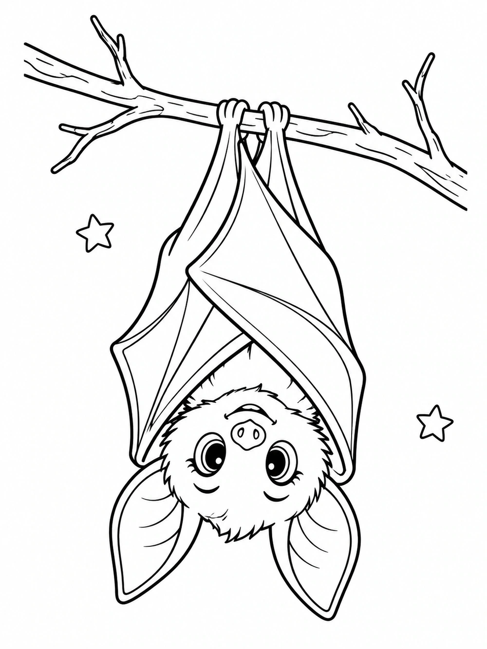Cute upside-down bat with large ears and a friendly expression, hanging from a branch with wings folded around it and two stars in the background.