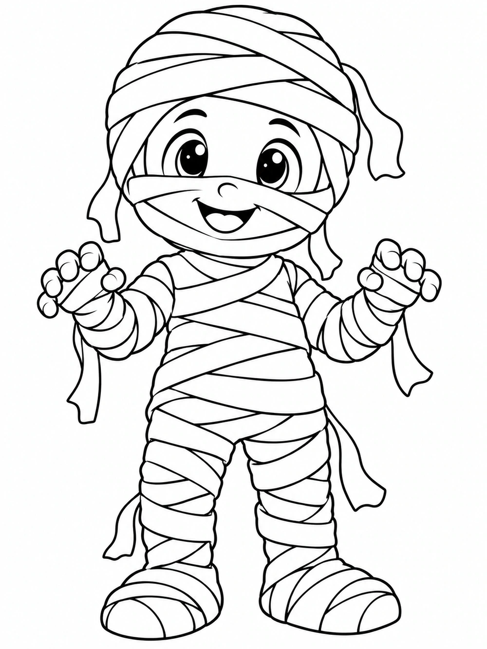 Smiling mummy with loose bandage strips