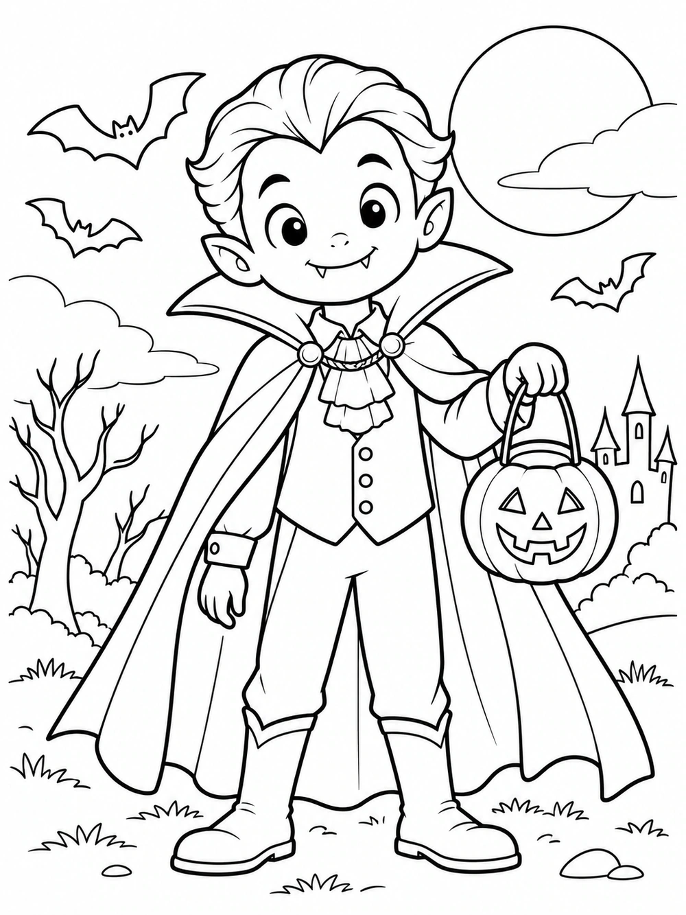 Smiling child-friendly vampire in a high-collared cape, holding a jack-o’-lantern lantern, with bats and a moonlit Halloween scene behind him.