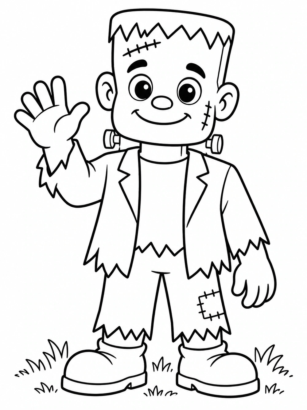 A smiling, square-headed monster with stitches and neck bolts waves in a black-and-white coloring page.