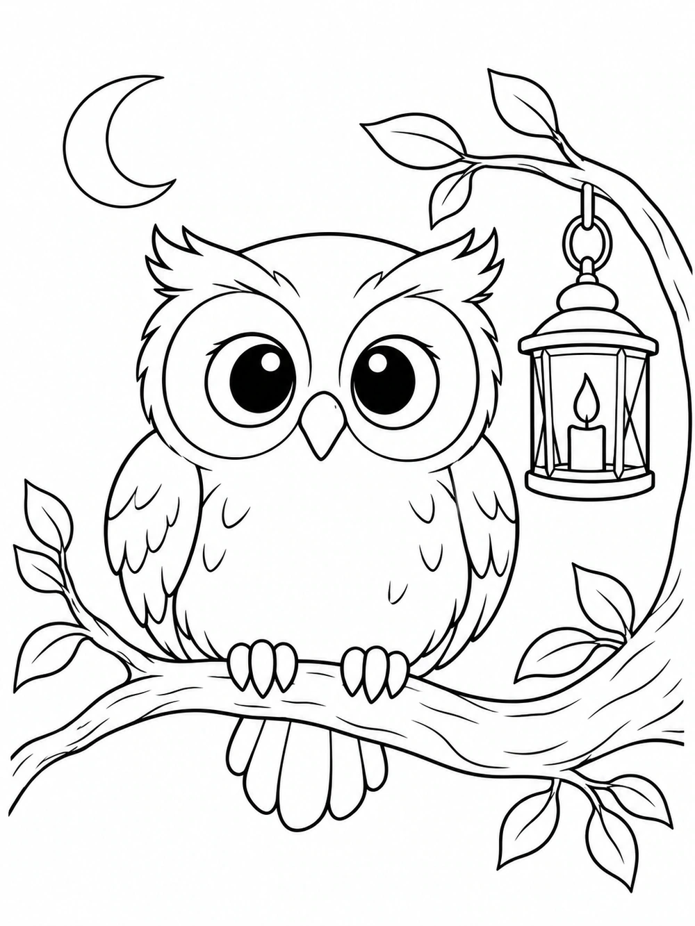 Round owl with large eyes perched on a leafy branch beside a hanging lantern, with a crescent moon in the background