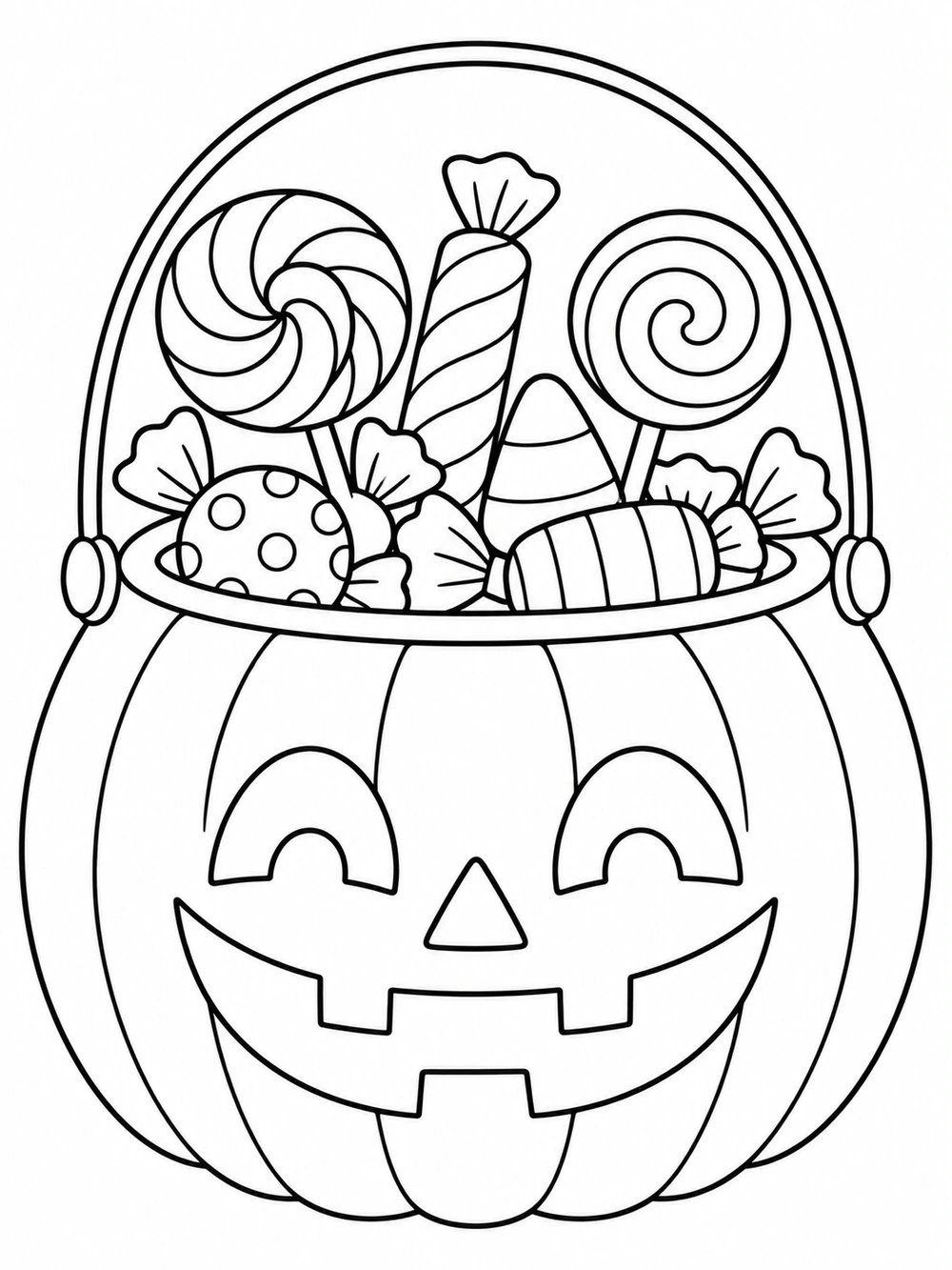 Smiling pumpkin-shaped trick-or-treat bucket with a curved handle and assorted candies peeking over the rim