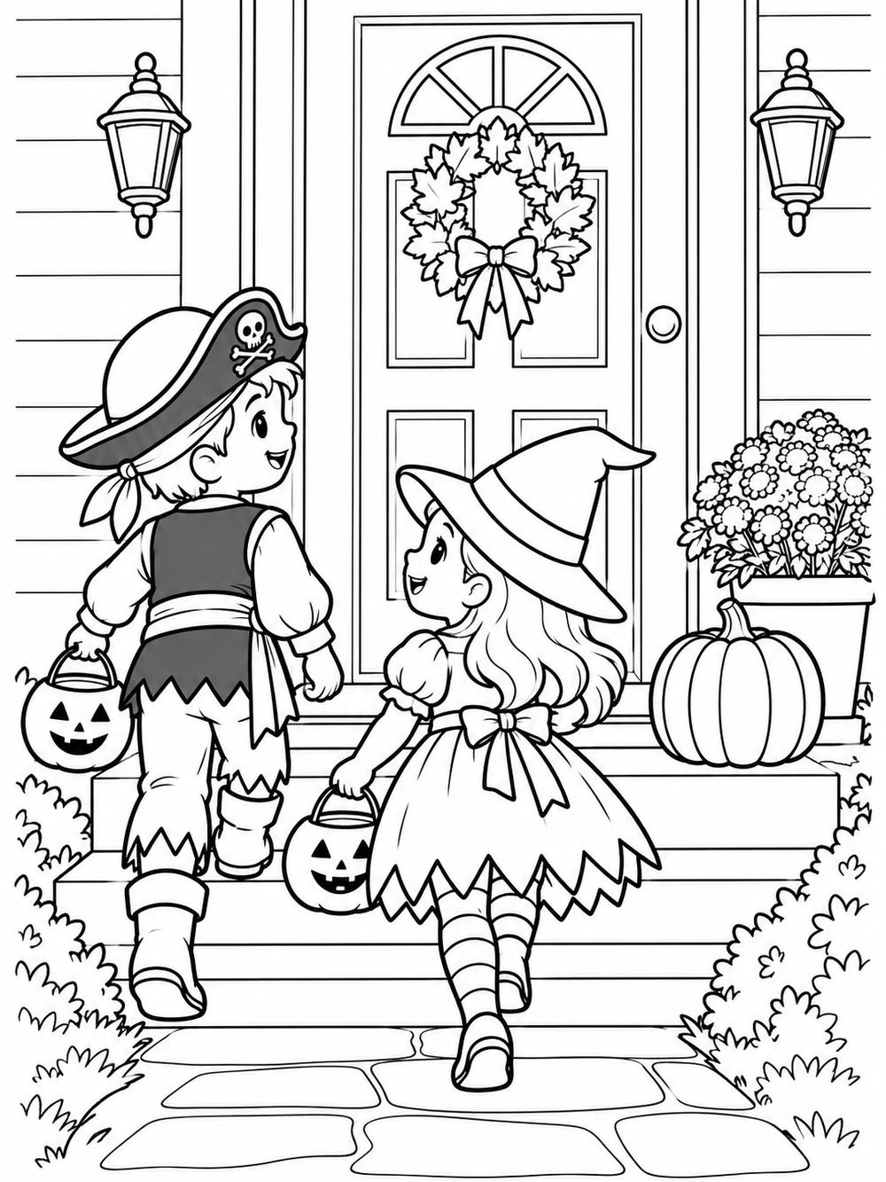 Two cheerful children in pirate and witch costumes carrying pumpkin buckets toward a decorated front door, with porch steps and a potted plant.