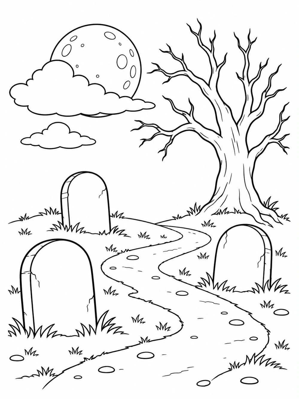 Black-and-white graveyard coloring page with three blank tombstones, a winding path, a bare tree, and a full moon partly behind a cloud.