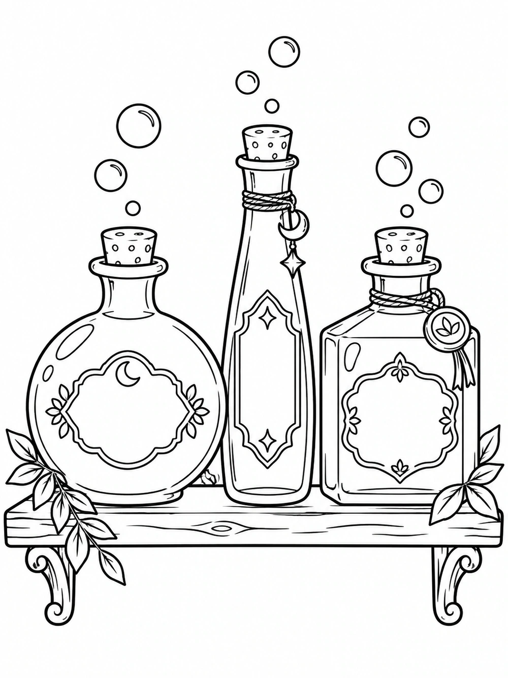Three whimsical potion bottles on a shelf