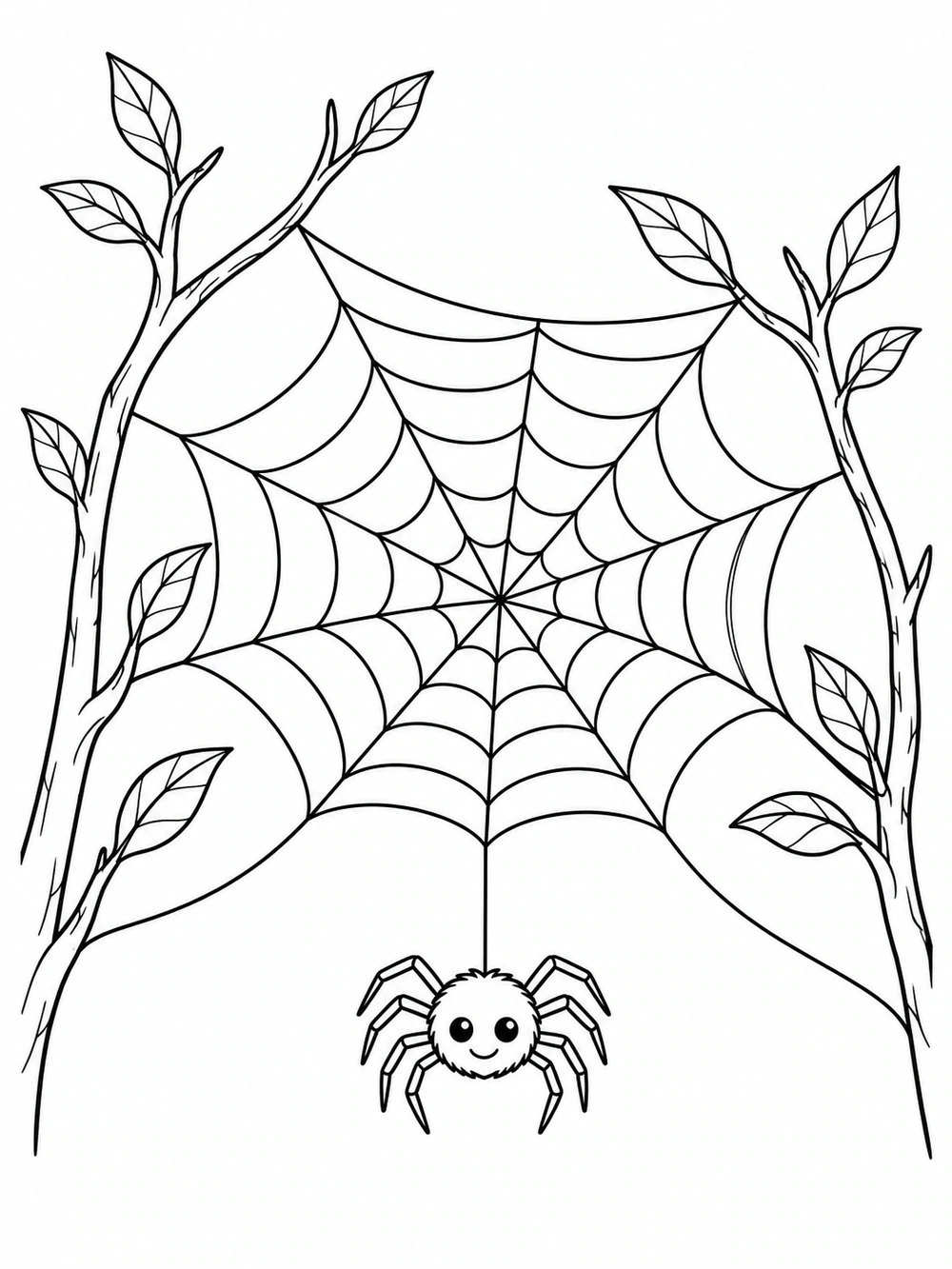 Large, evenly patterned spiderweb spanning two leafy branches with a small smiling spider hanging from a thread.