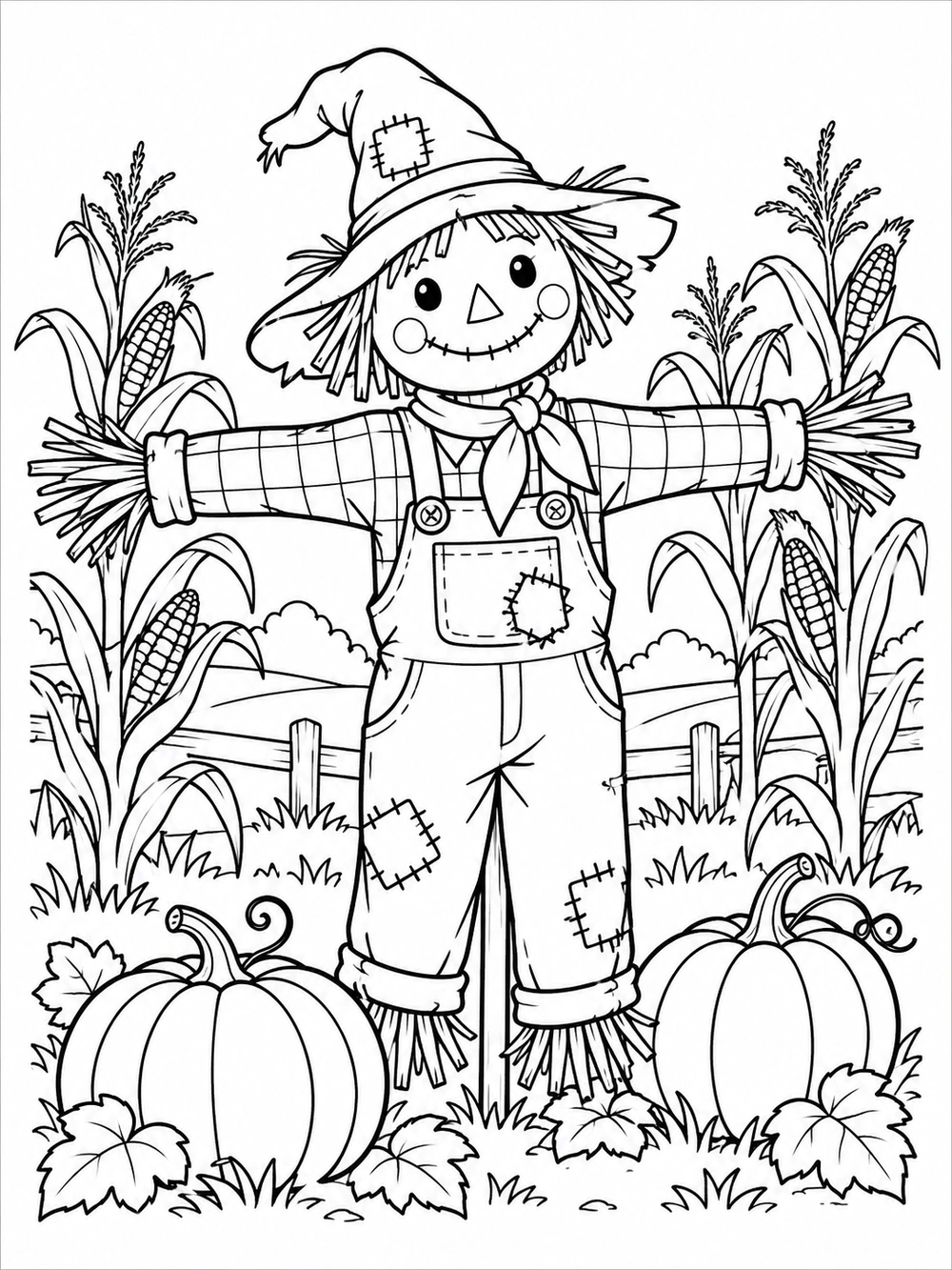 Smiling scarecrow in patched clothes and a floppy hat, standing among two pumpkins and corn stalks