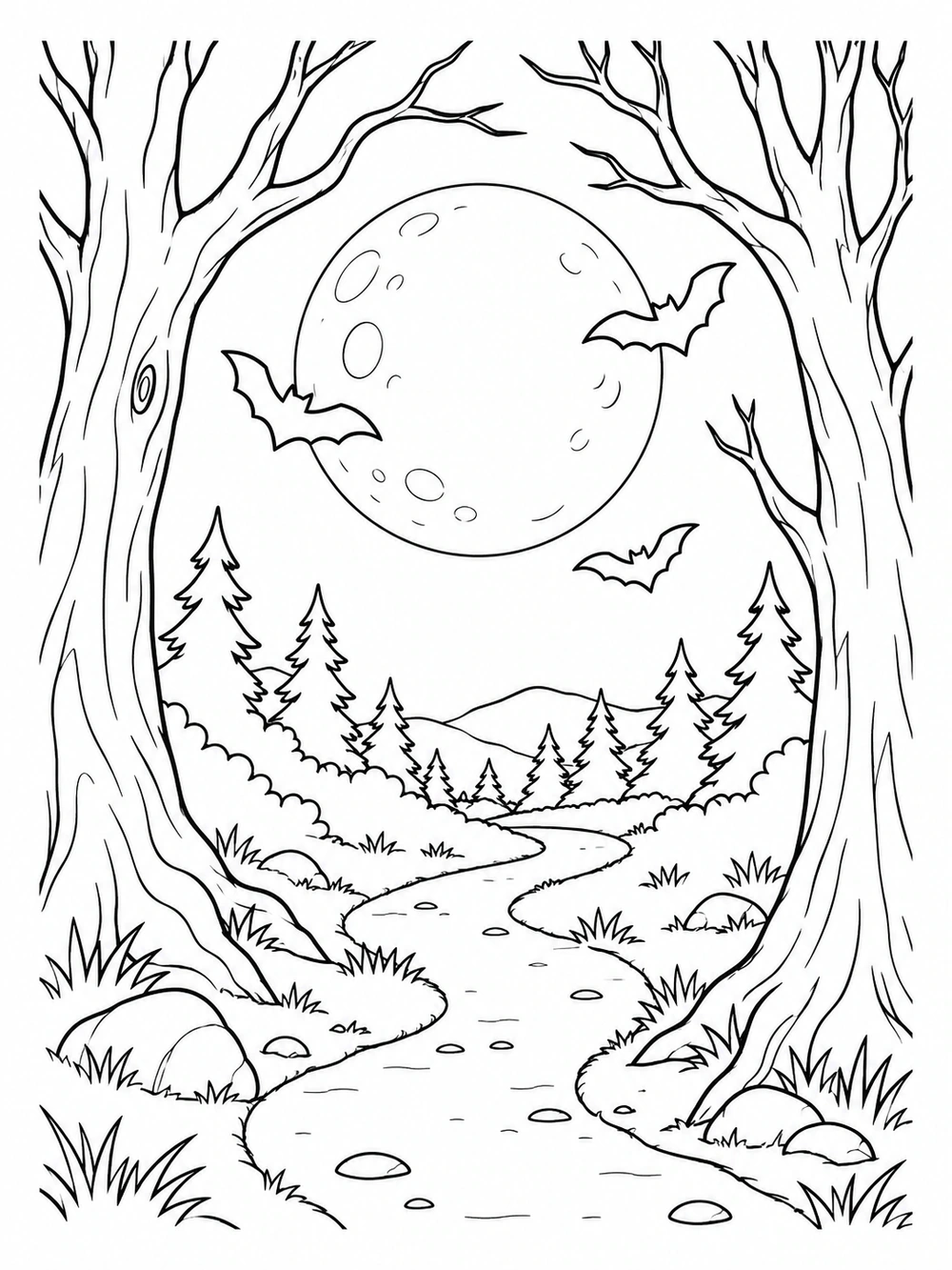 Black-and-white forest coloring page with a winding path, tall framing trees, a large full moon, and three outlined bats.