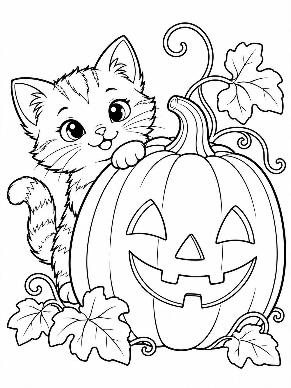 Wide-eyed kitten peeking from behind a large smiling pumpkin, with curling vines and leaves