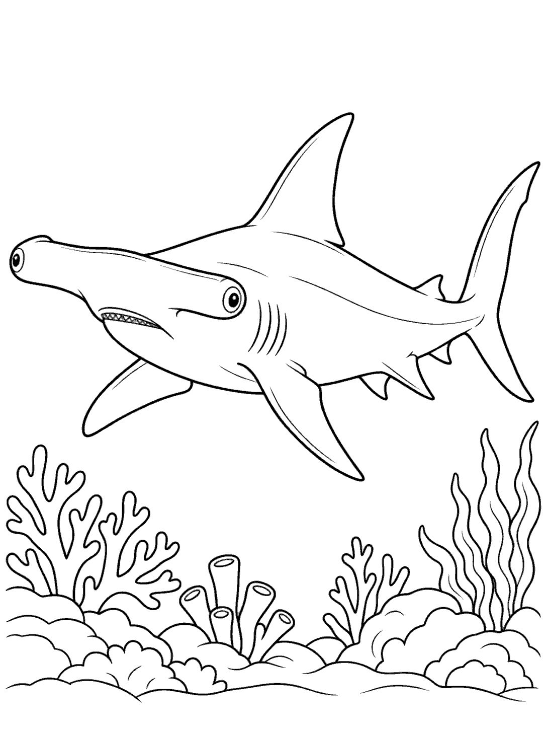Black-outline hammerhead shark gliding above a simple coral reef on a white coloring page.