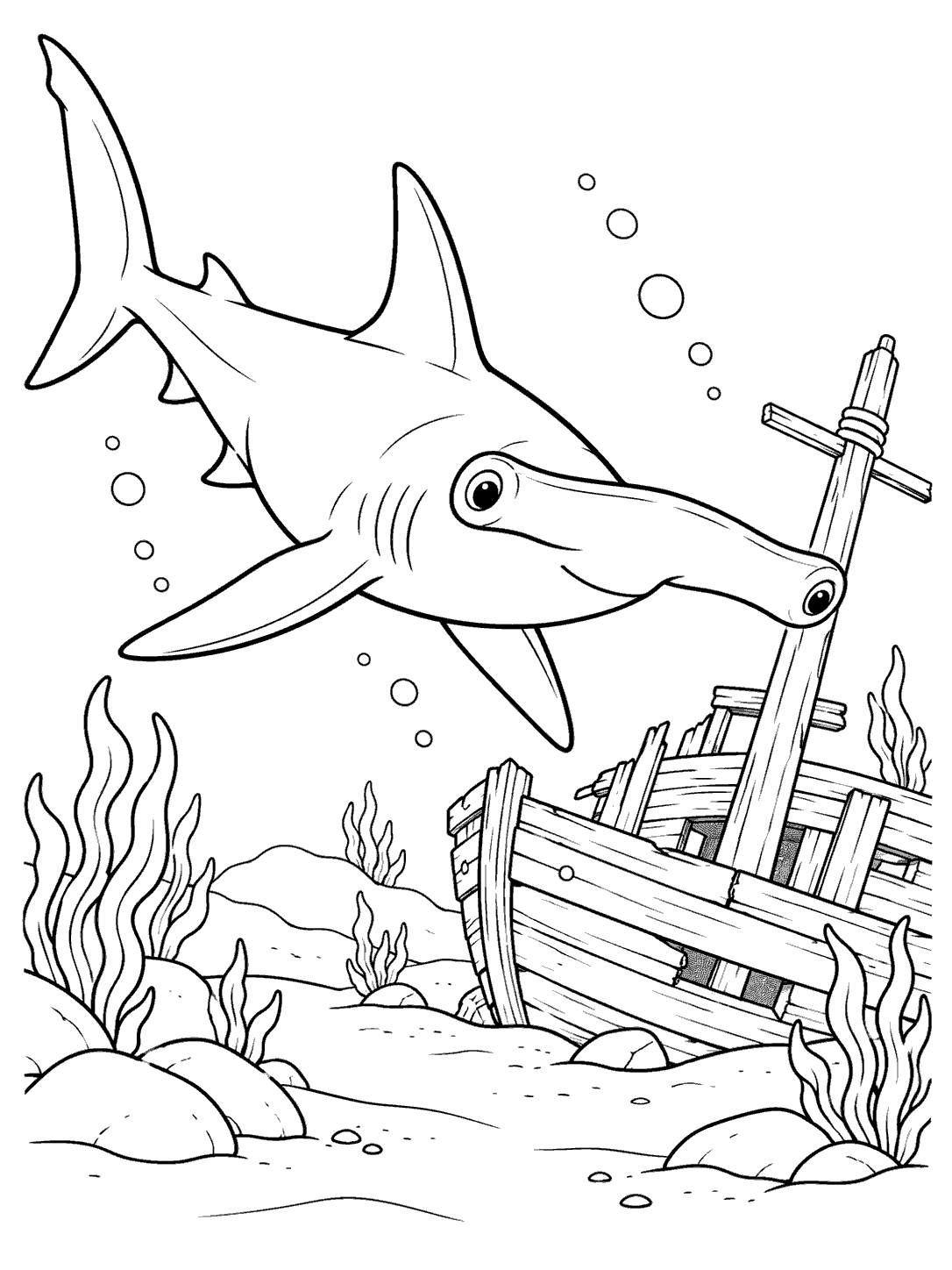 Hammerhead shark investigating a wooden shipwreck on the ocean floor, with bubbles and a few seabed plants.