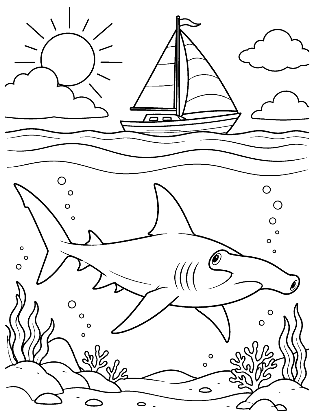 Black outline coloring page of a hammerhead shark swimming below a sailboat, with sun, clouds, bubbles, and seabed plants.