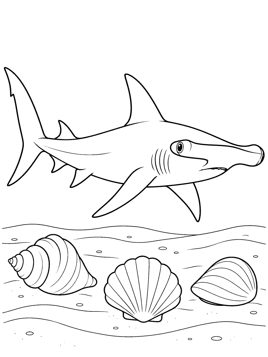 Black outline coloring page of a hammerhead shark gliding over a sandy seabed with three large seashells and sand ripples.