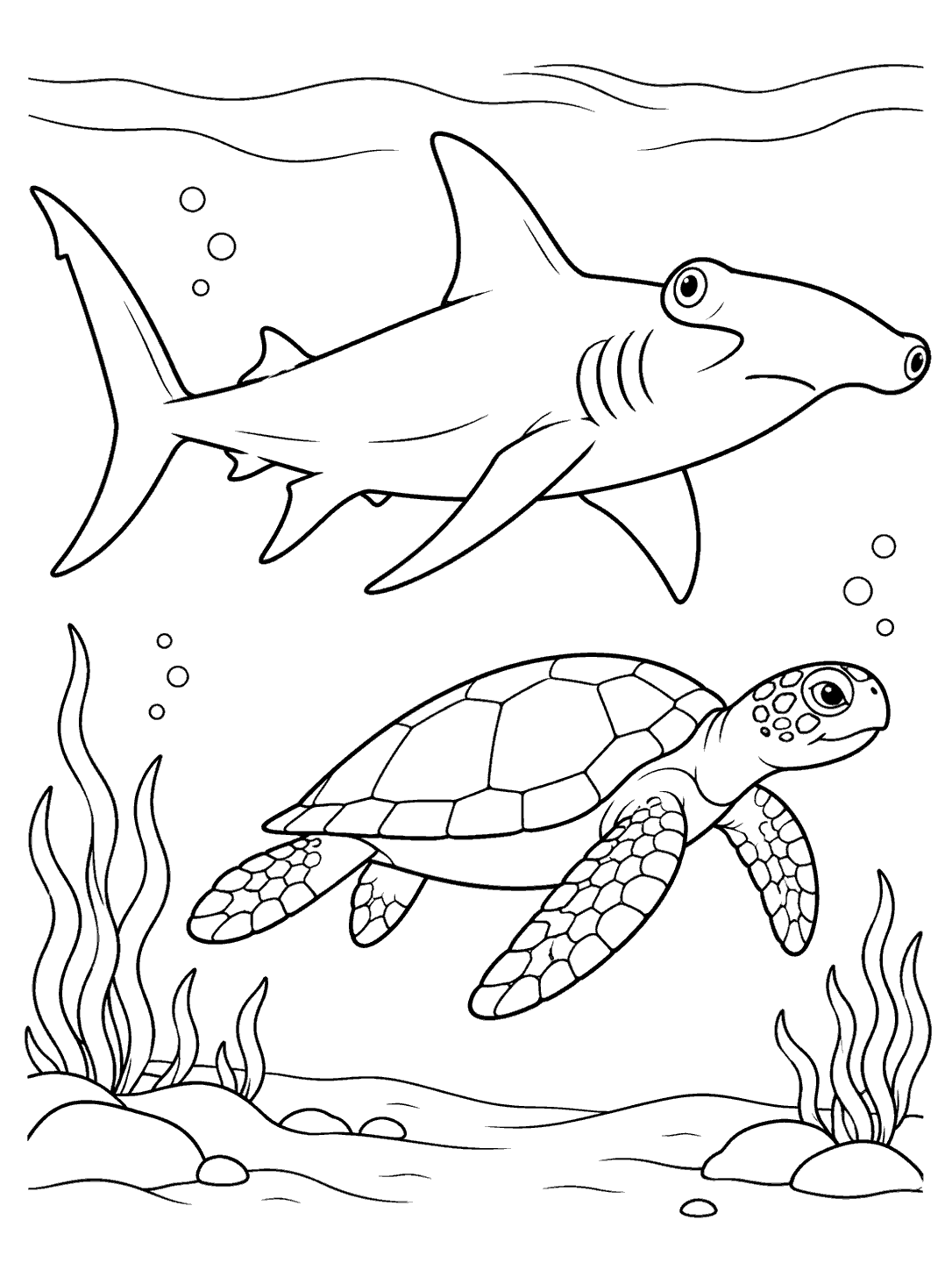 Black-and-white coloring page showing a hammerhead shark above a sea turtle, both facing right, with bubbles, seaweed, and a simple seabed.