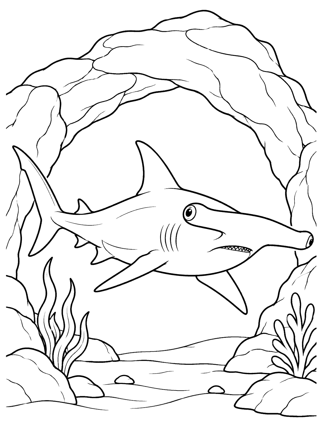 Bold black outline of a fully visible hammerhead shark swimming beneath a broad underwater rock arch, with sea plants near the base.