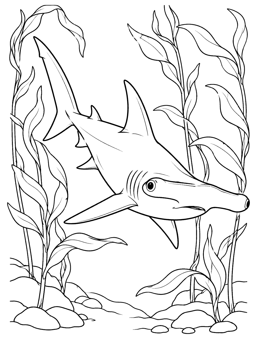 Black-and-white line art of a hammerhead shark weaving through kelp stalks above a rocky seabed.