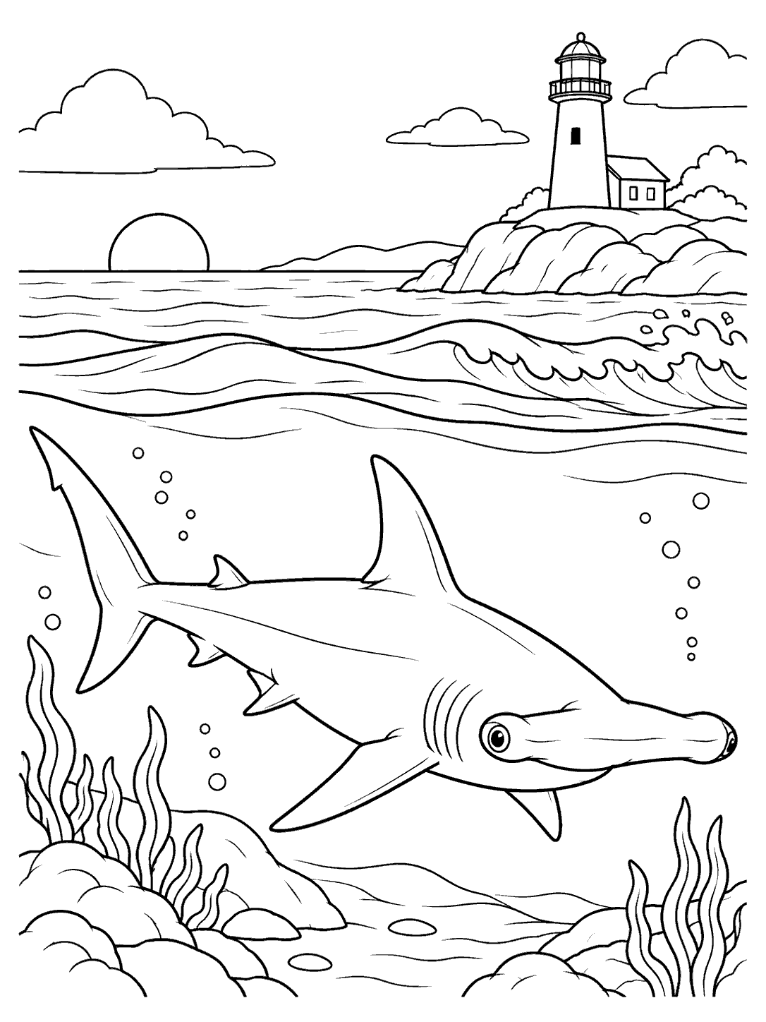Black-and-white coloring page showing a large hammerhead shark underwater, with broad waves and a lighthouse on a distant rocky coast.