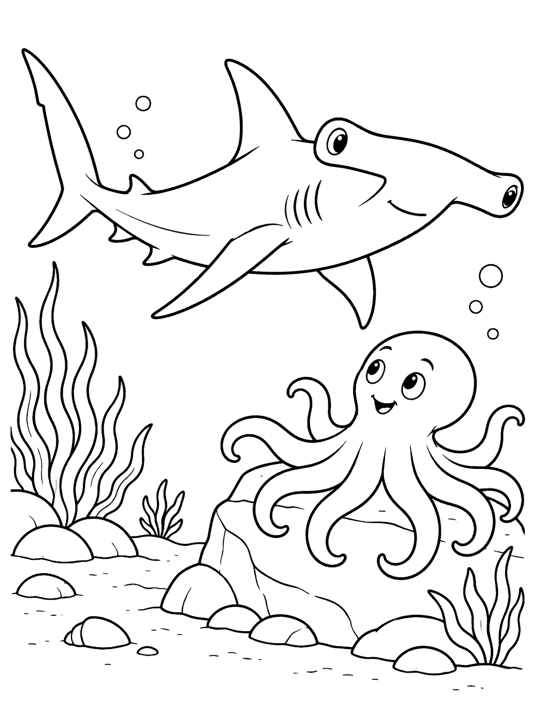 A large hammerhead shark swims above a friendly octopus with eight curved arms perched on a broad rock, amid a sparse seabed.
