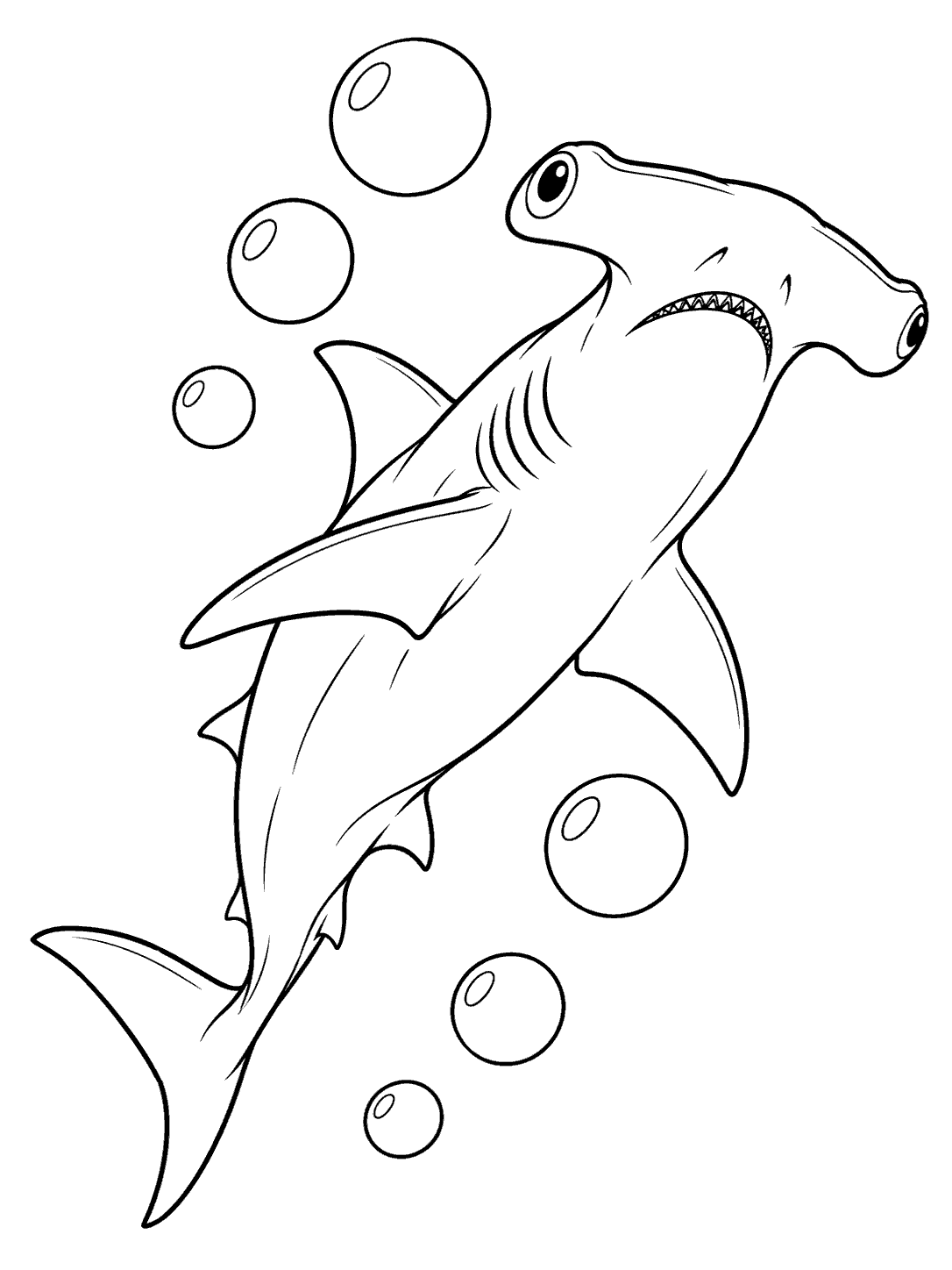 Black outline of a hammerhead shark rising diagonally beside six unfilled bubbles on a white page