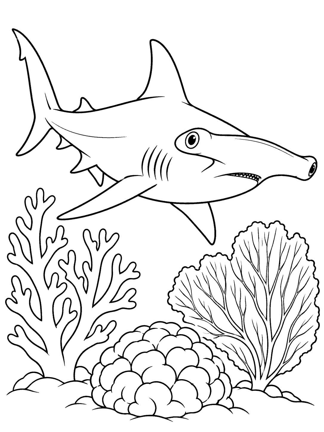 Large hammerhead shark swimming above branching, rounded, and fan-shaped corals in black outline art