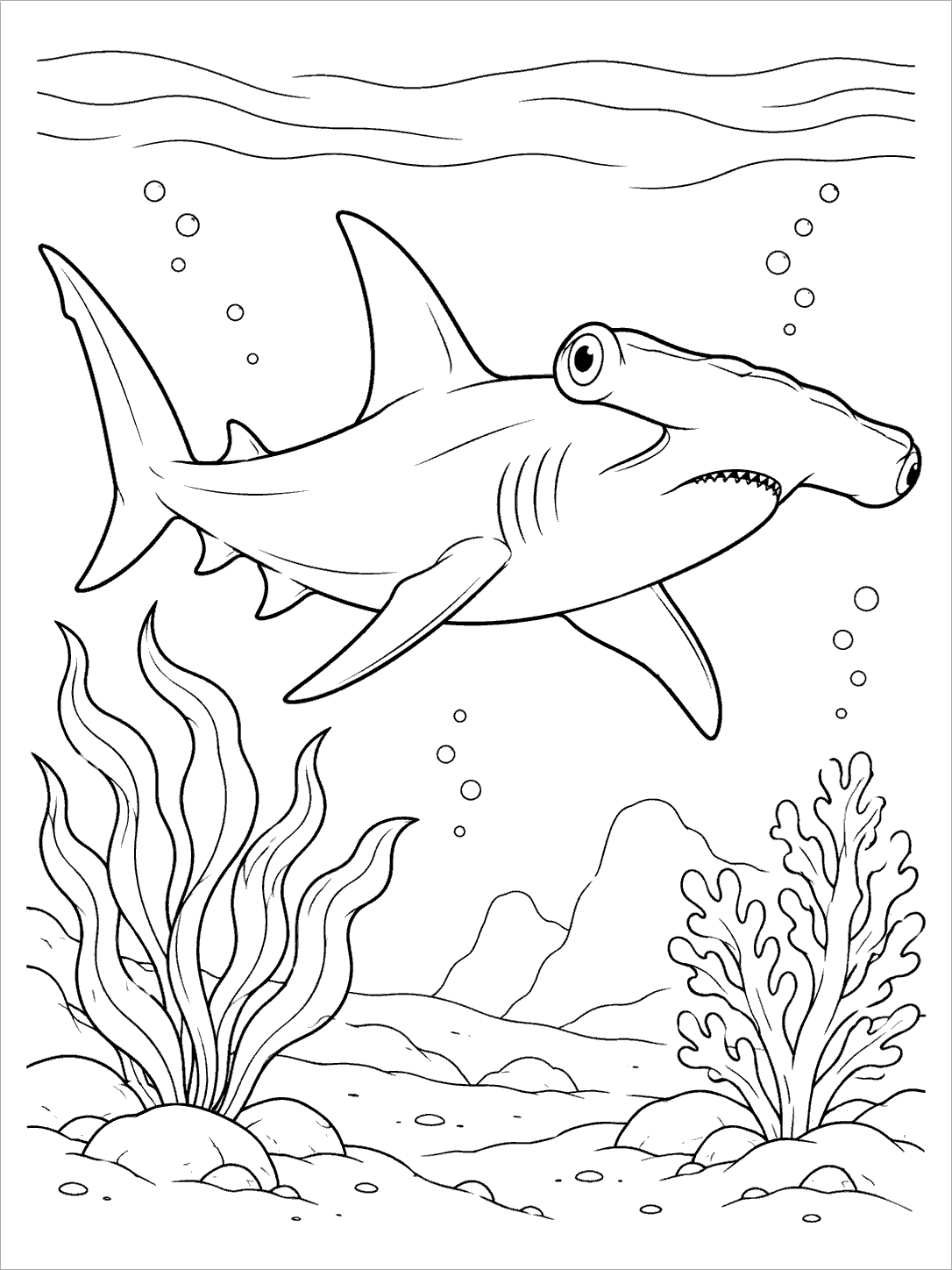 Large hammerhead shark swimming through a deep ocean scene with two sea plants, bubbles, rocks, and a white margin.
