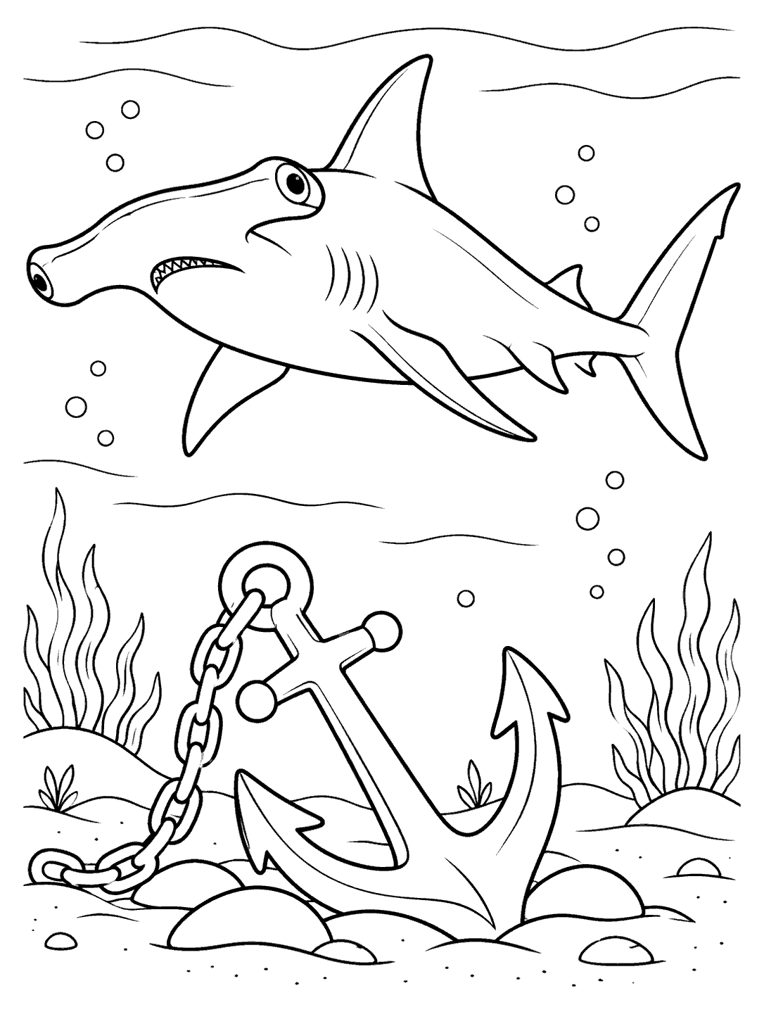 Hammerhead shark swimming above a large chained anchor among seabed rocks and seaweed.