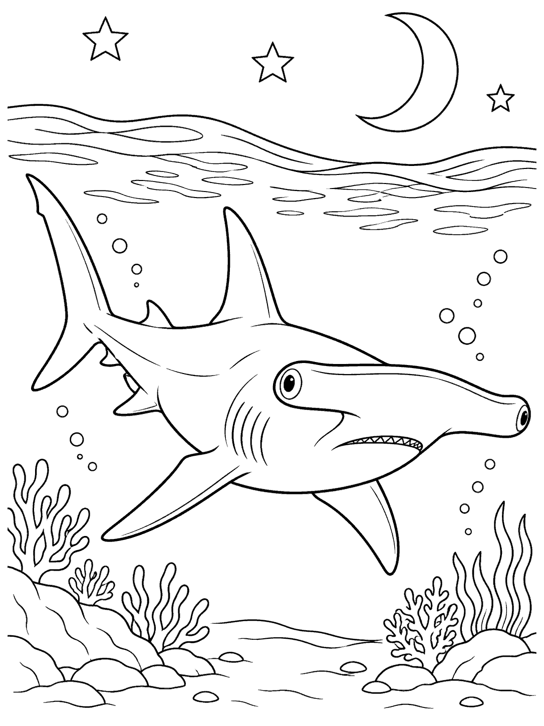 Black-outline hammerhead shark swimming beneath a rolling sea surface, with a crescent moon, stars, bubbles, rocks, and coral.