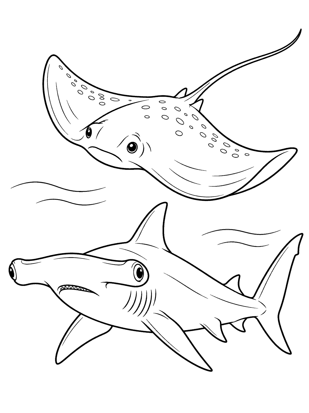Black-outline coloring page showing a stingray above a hammerhead shark, with a few simple water lines.