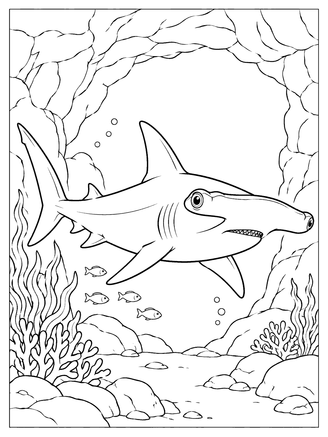 Hammerhead shark passing a wide white cave opening framed by rocks, with small fish and coral on a printable black-and-white coloring page