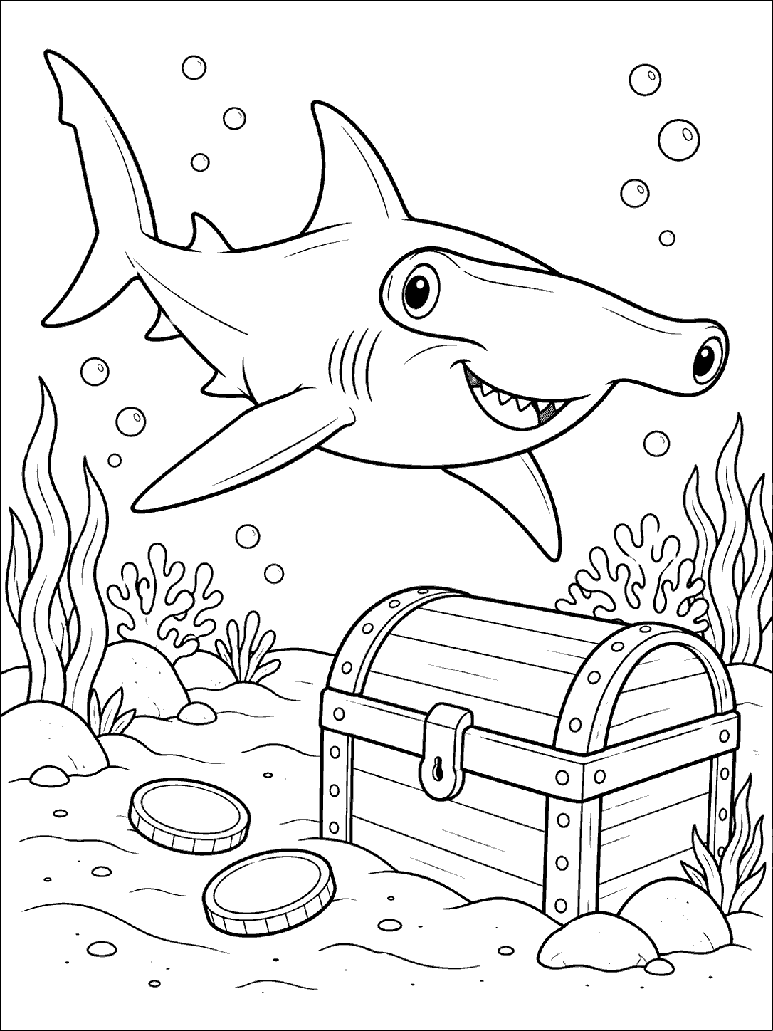 Black-and-white coloring page showing a smiling hammerhead shark swimming above a closed treasure chest, with coins, bubbles, rocks, and sea plants.