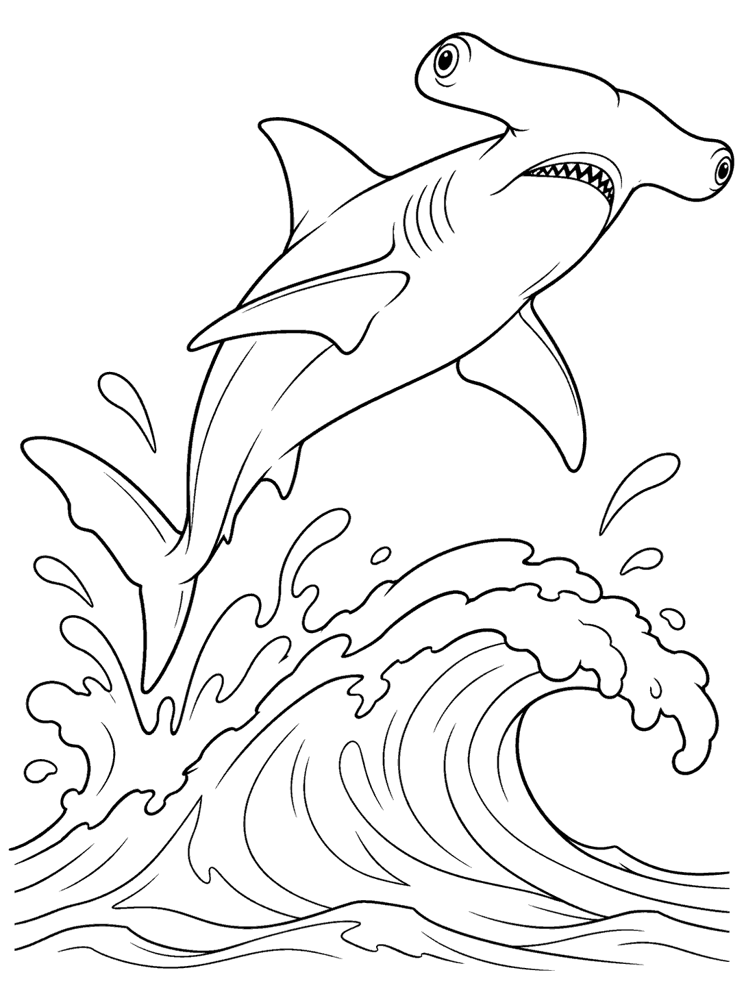 Hammerhead shark leaping above a curling ocean wave