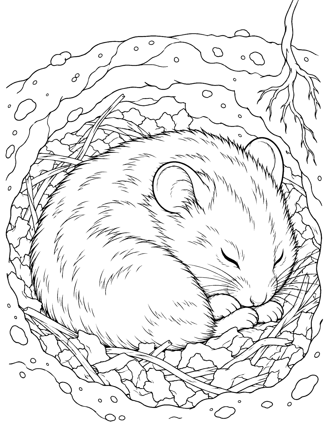 Hamster curled up in a cozy burrow nest coloring page
