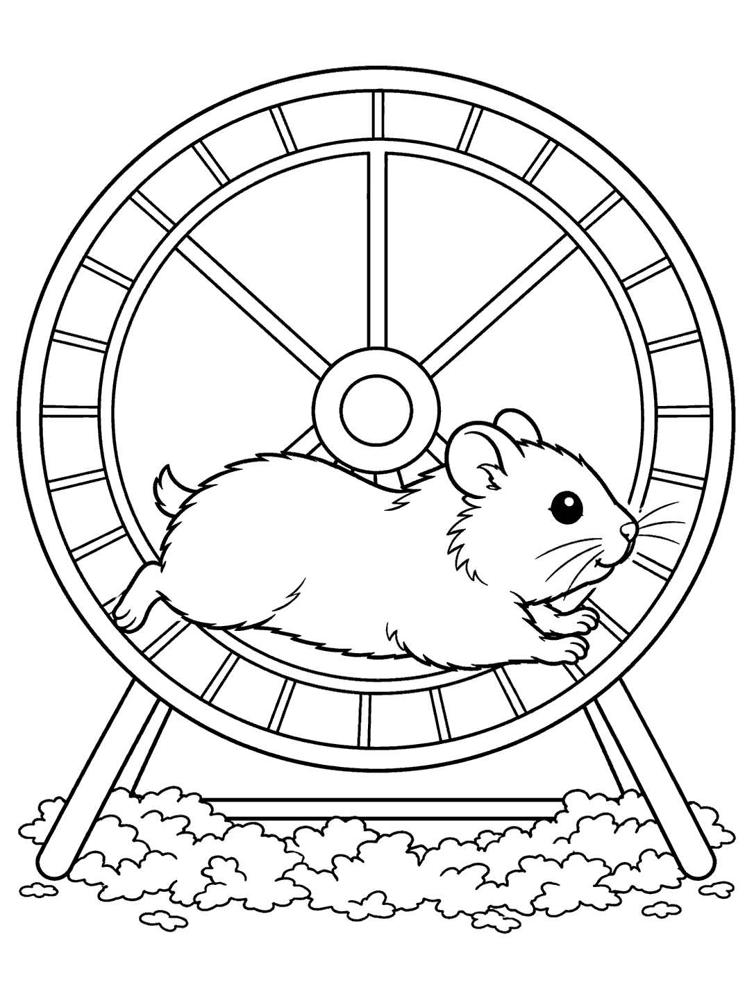 Hamster running in an exercise wheel coloring page