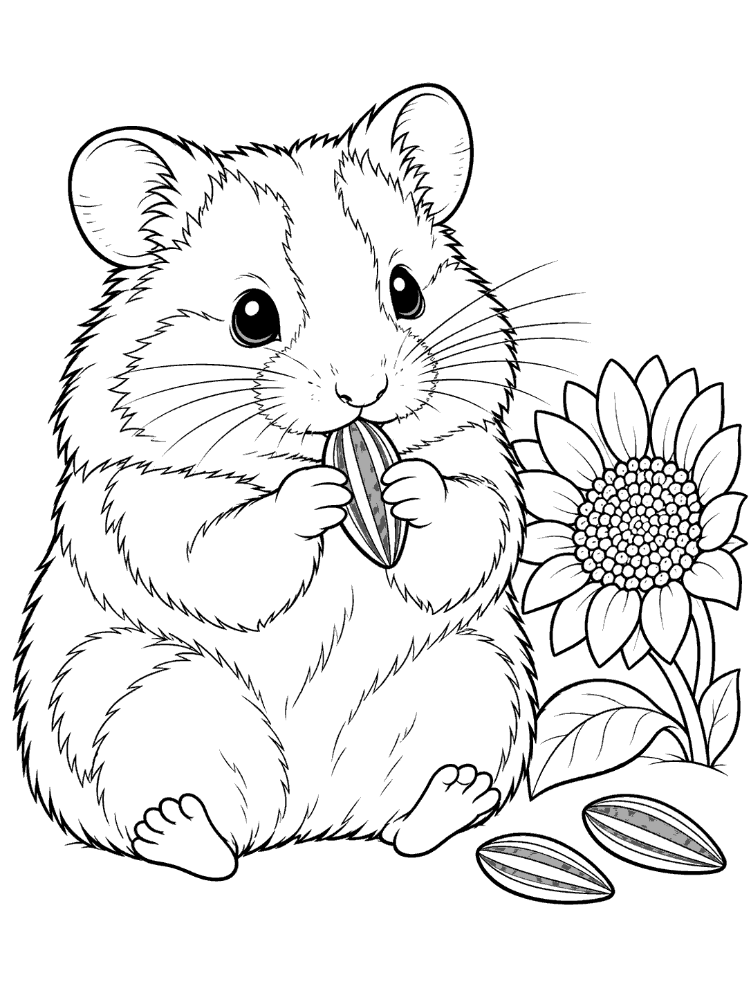 Black outline coloring page of a seated hamster nibbling a sunflower seed beside a sunflower and two loose seeds.