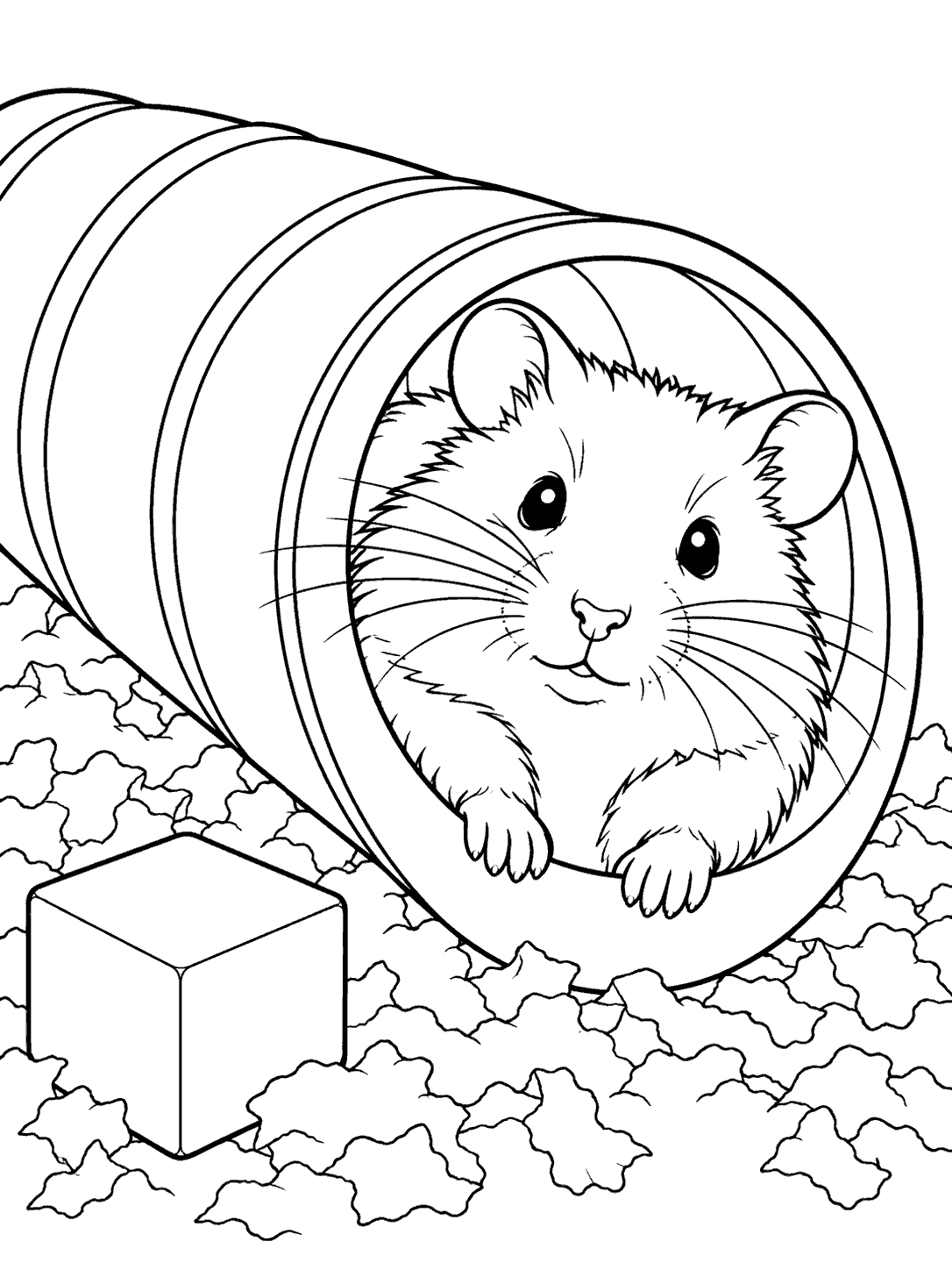 Curious hamster emerging from a play tunnel coloring page