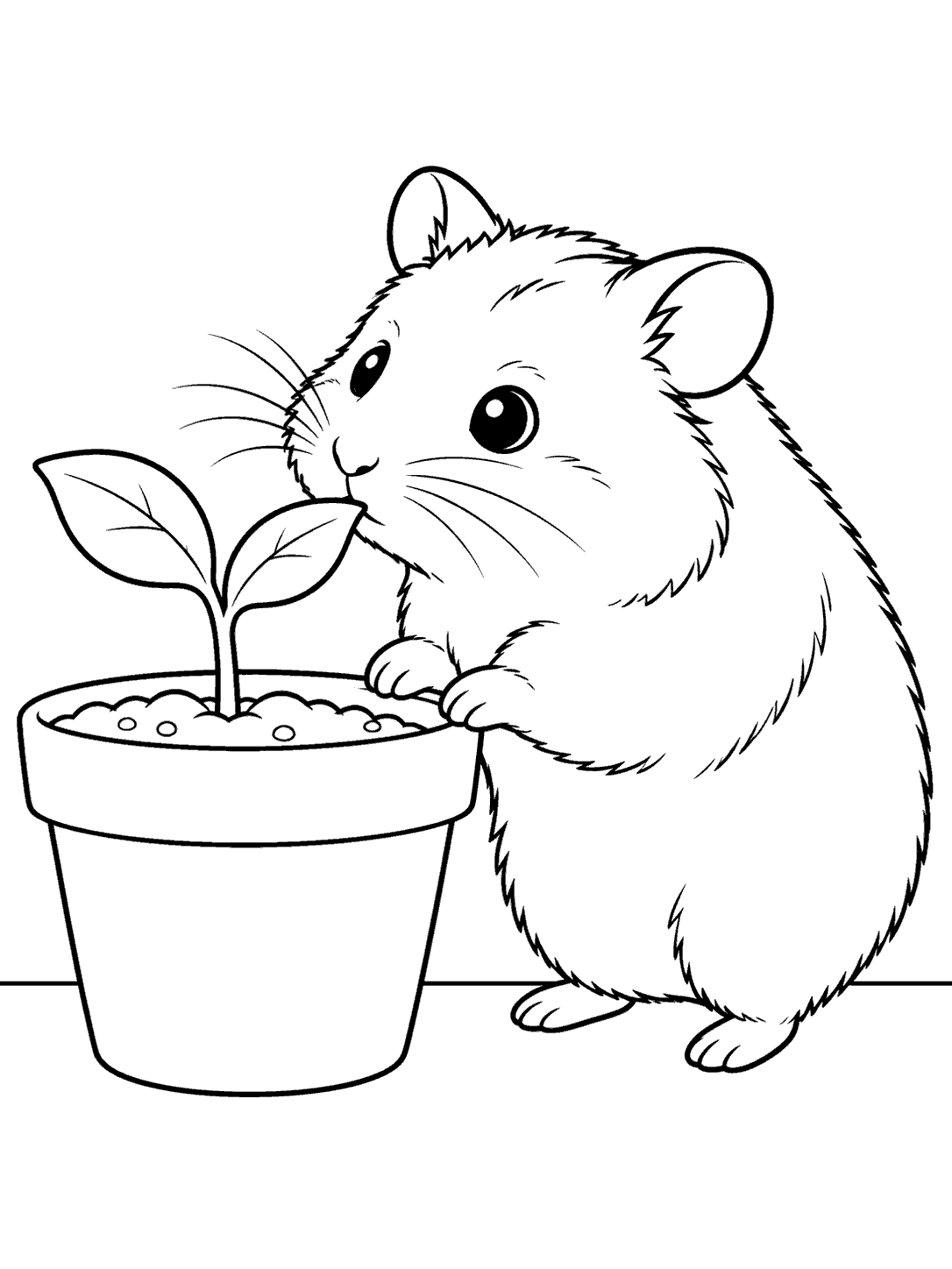 Black-outline coloring page showing a hamster beside a potted two-leaf sprout.