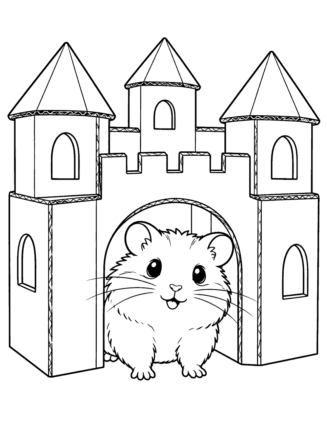 A fluffy hamster peeking through the arched doorway of a tall cardboard box castle coloring page.