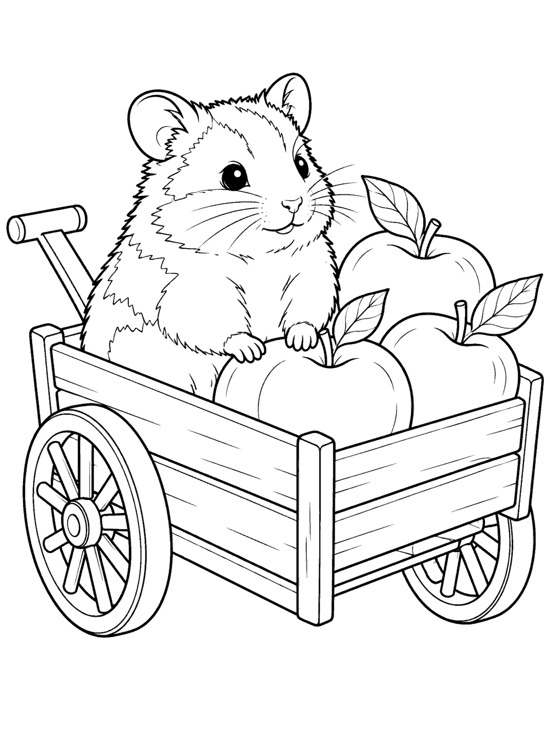 Hamster sitting in an apple-filled garden cart coloring page